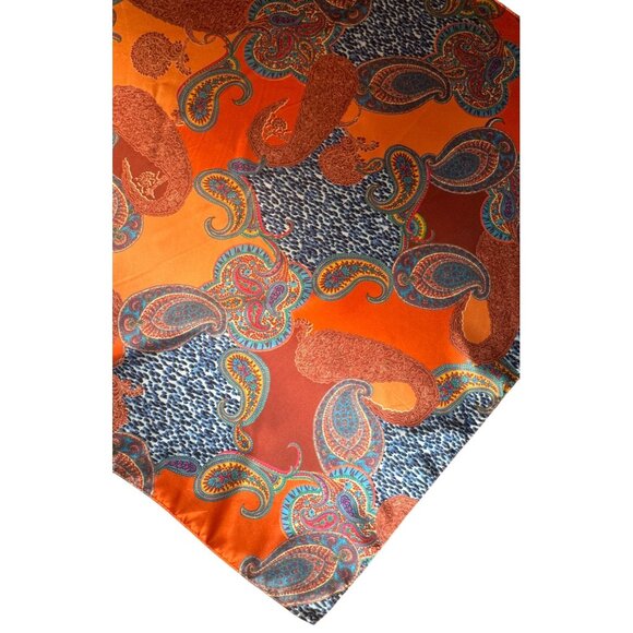 2/$30 Rich Design of Paisley Pattern Orange & Blue Silk Printed Fashion Scarf - Picture 5 of 9
